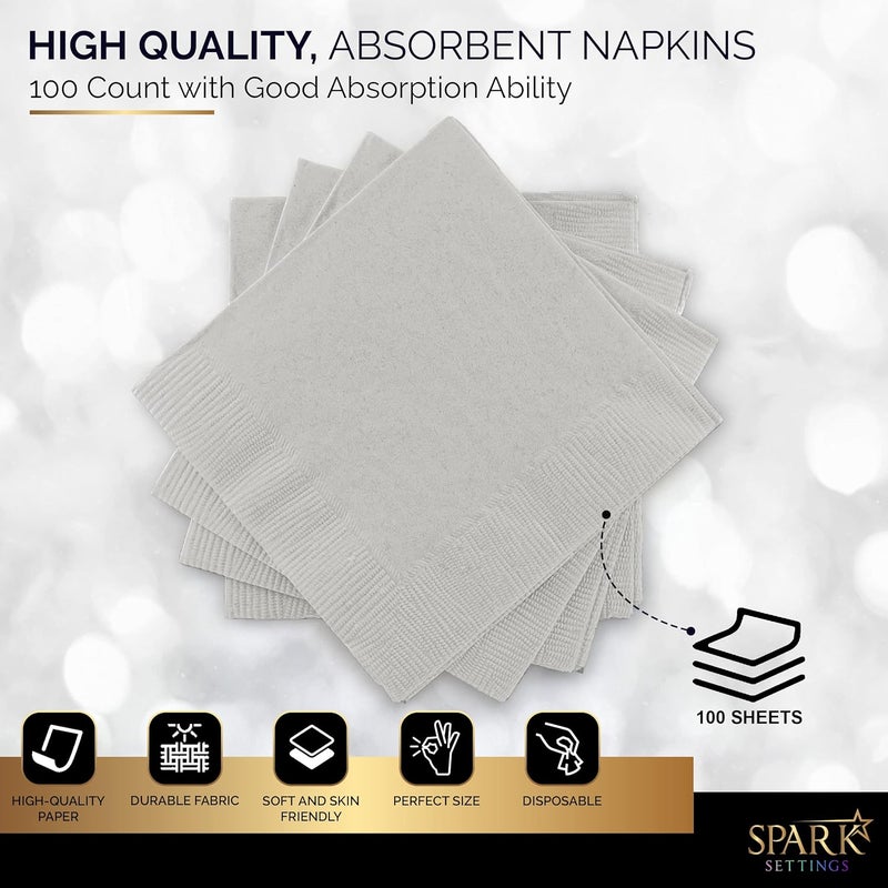 Amcrate 100 Pack Silver Beverage Napkins, Big Party Pack, 2 Ply, Ideal for Wedding, Party, Birthday, Dinner, Lunch, Cocktails. (5” x 5”) by - Image 4